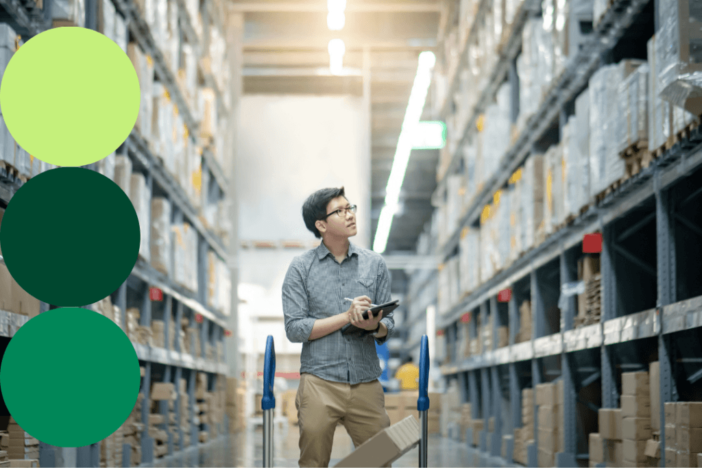A supply chain professional reviewing inventory on a tablet while walking through a large warehouse, with light green, dark green, and medium green branded circle graphics overlaid on the left side of the image.