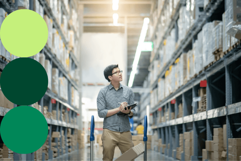 A supply chain professional reviewing inventory on a tablet while walking through a large warehouse, with light green, dark green, and medium green branded circle graphics overlaid on the left side of the image.