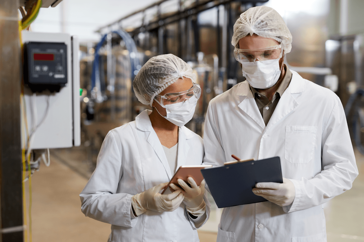 Two life sciences professionals in lab coats, masks, and protective gear reviewing data on a tablet and clipboard in an industrial facility.