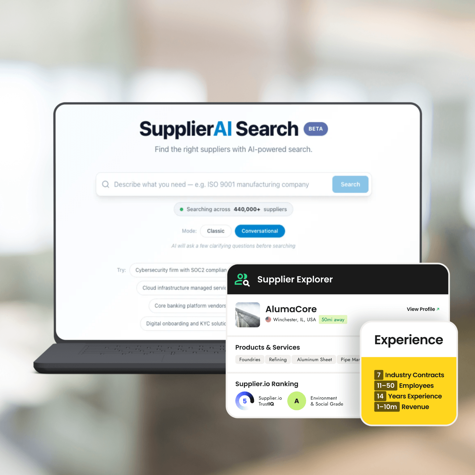 SupplierAI Search interface with conversational search bar next to a Supplier Explorer company profile card.