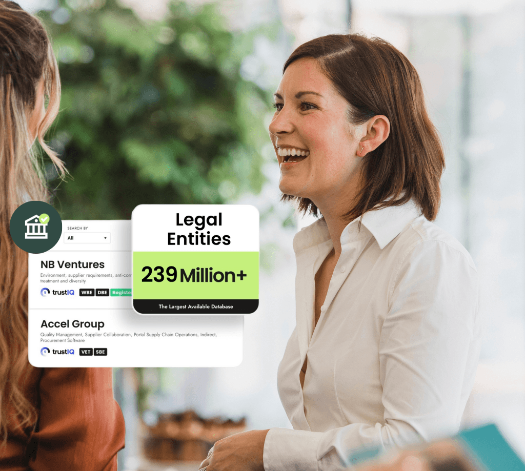 Procurement professional reviewing supplier search results with TrustIQ verification badges, alongside a callout highlighting Atlas's database of 239 million+ legal entities.