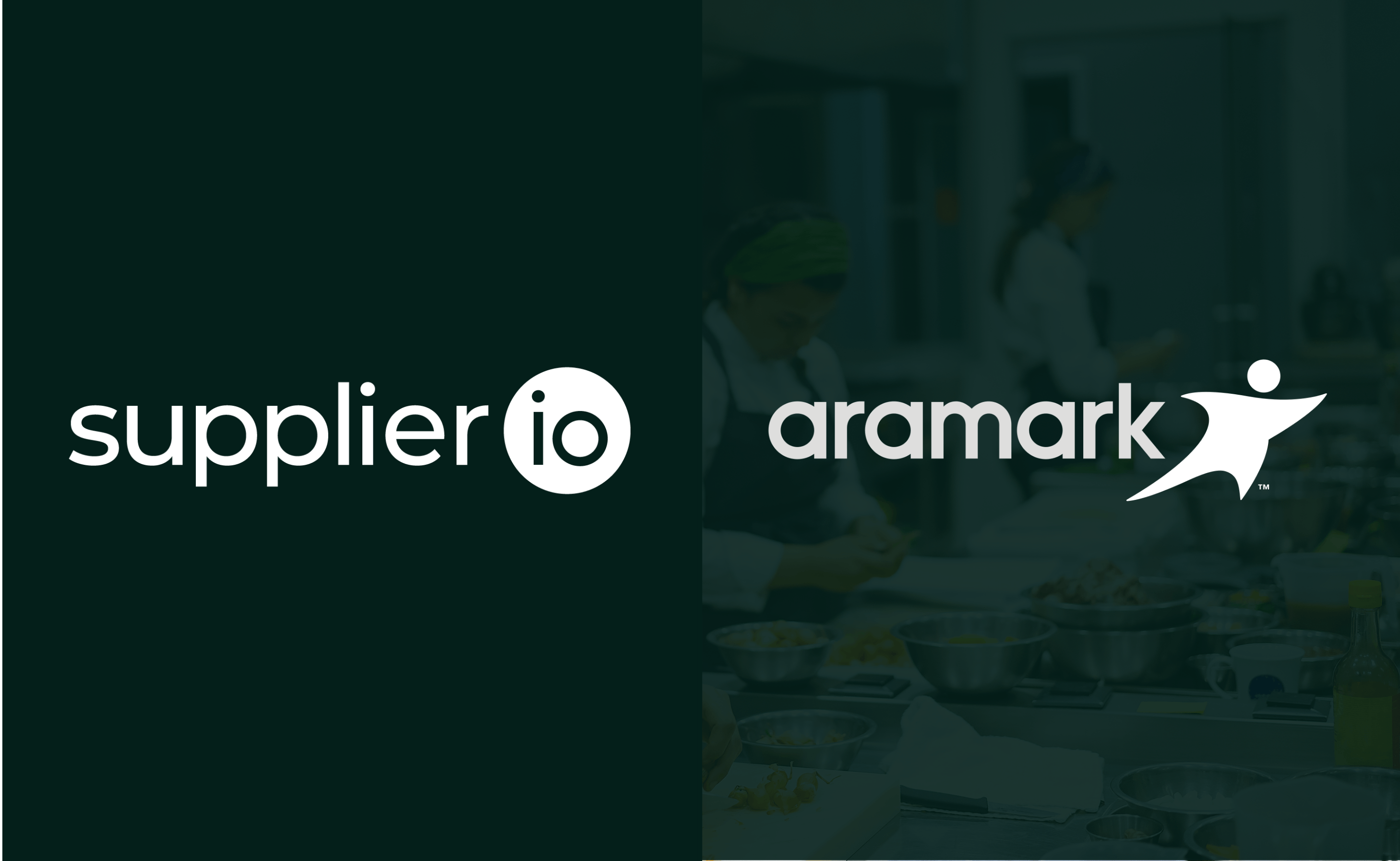Supplier.io and Aramark logos side by side on a dark green background