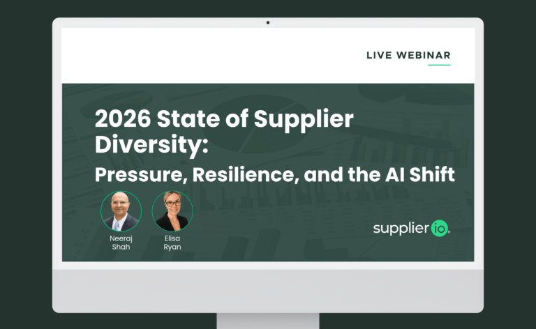 Promotional graphic for the live webinar "2026 State of Supplier Diversity: Pressure, Resilience, and the AI Shift," featuring speakers Neeraj Shah and Elisa Ryan, Supplier.io.