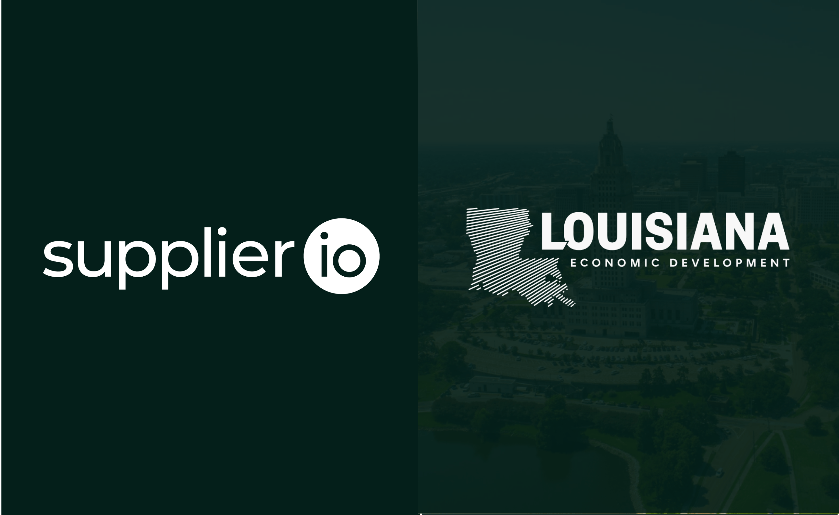 Supplier.io and Louisiana Economic Development logos side by side on a dark green background